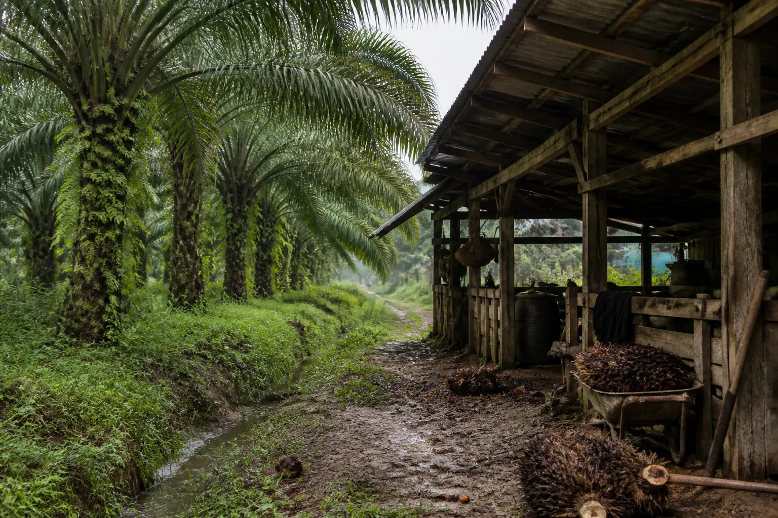 Tepi kebun kelapa sawit dengan gubuk petani