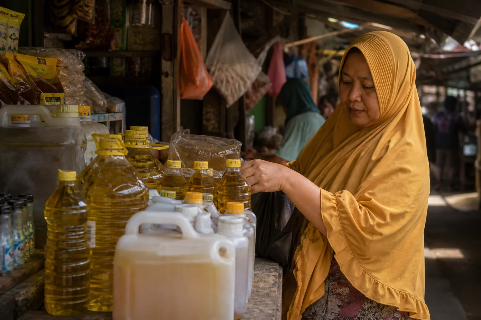 Botol minyak goreng di meja pasar tradisional