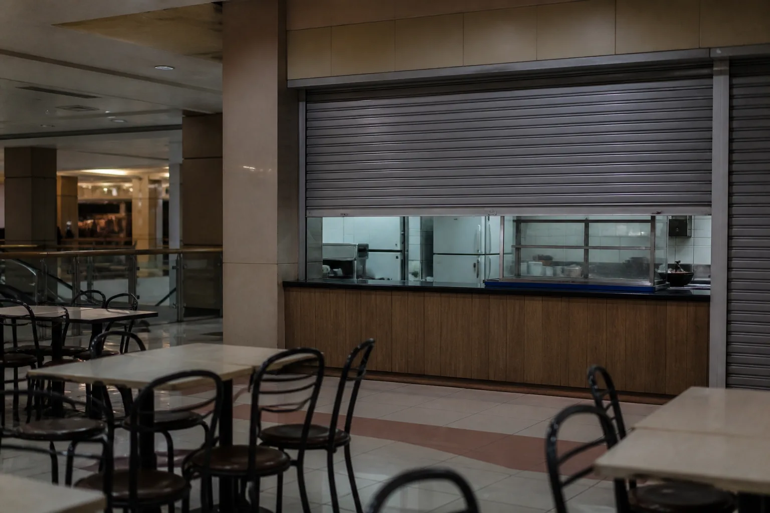 Kios food court mall dengan rolling door setengah tertutup