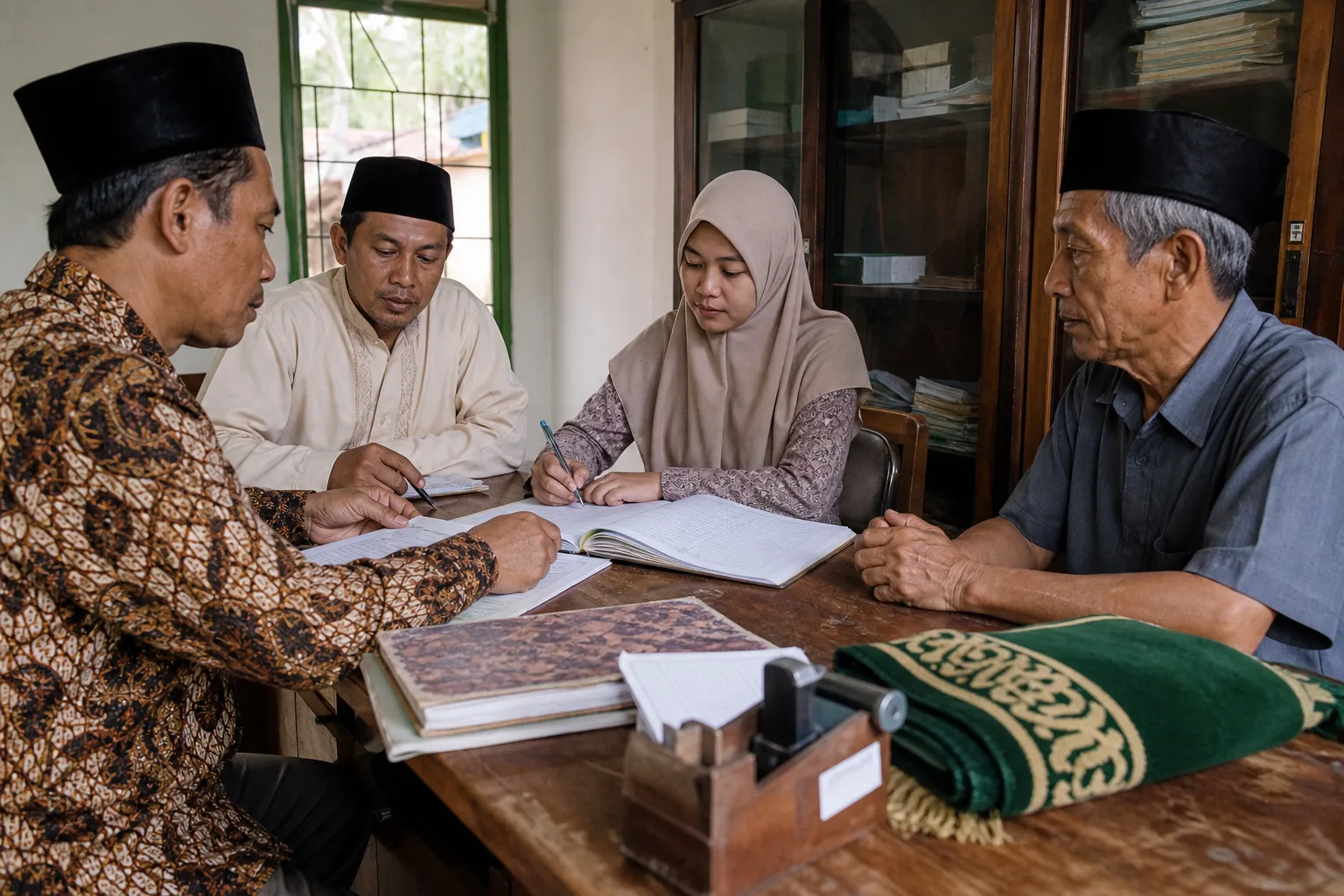 Meja koperasi dengan buku ledger dan dokumen pembiayaan